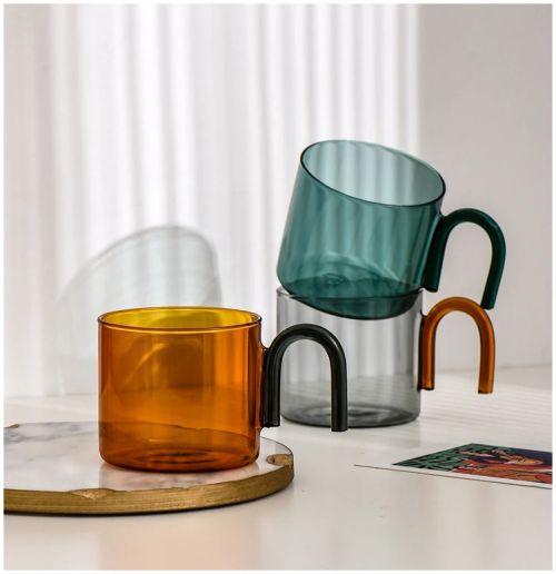 Amber pink color heat resistant borosilicate glass cup with handle