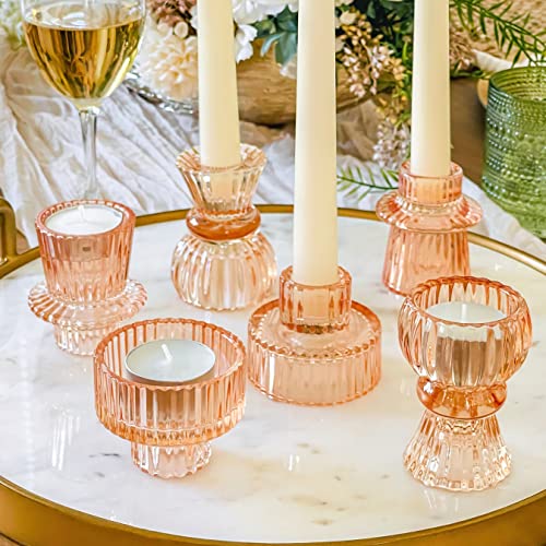 Vintage Ribbed Rose Gold Pink Glass Candlestick Holders, Pillar Candle