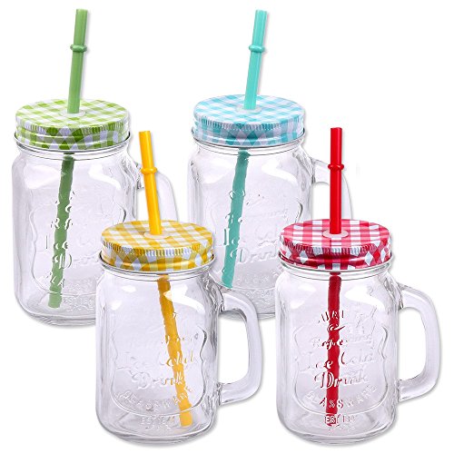 Drinking glasses with lid, handle and reusable straw Mason Jars