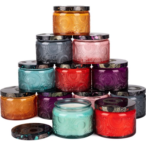Embossed Glass Candle Container with Tin Lid and Labels